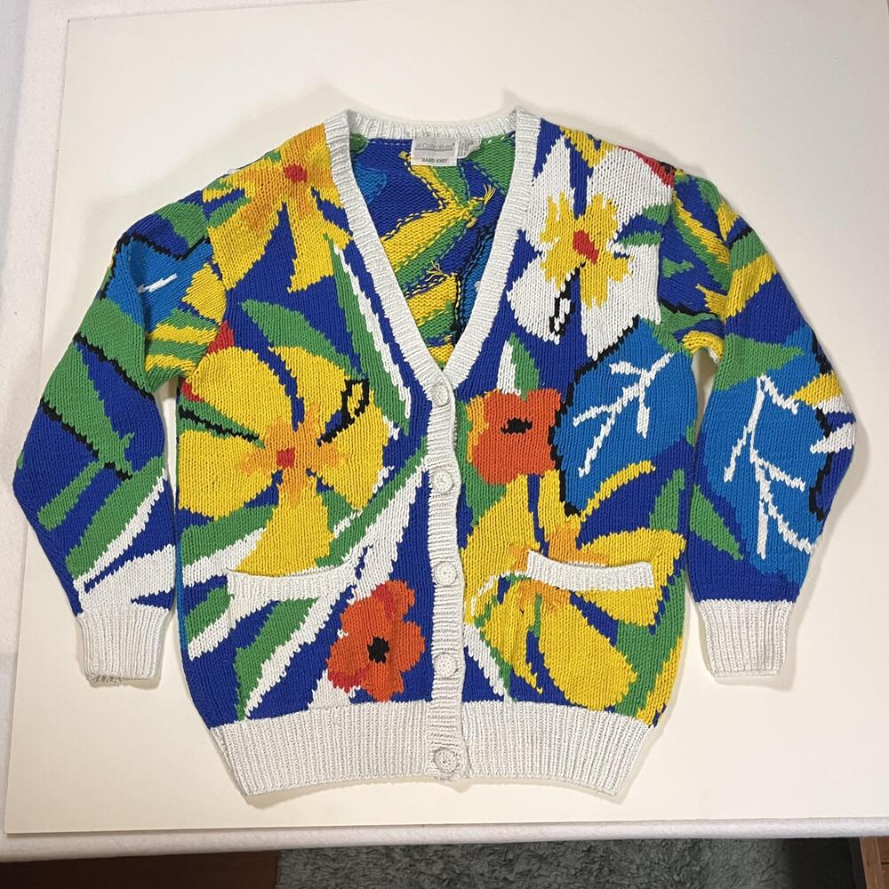 Vintage Hawaiian Day Glow Floral Hand Knit Cardigan 60s JH Collectibles Sweater